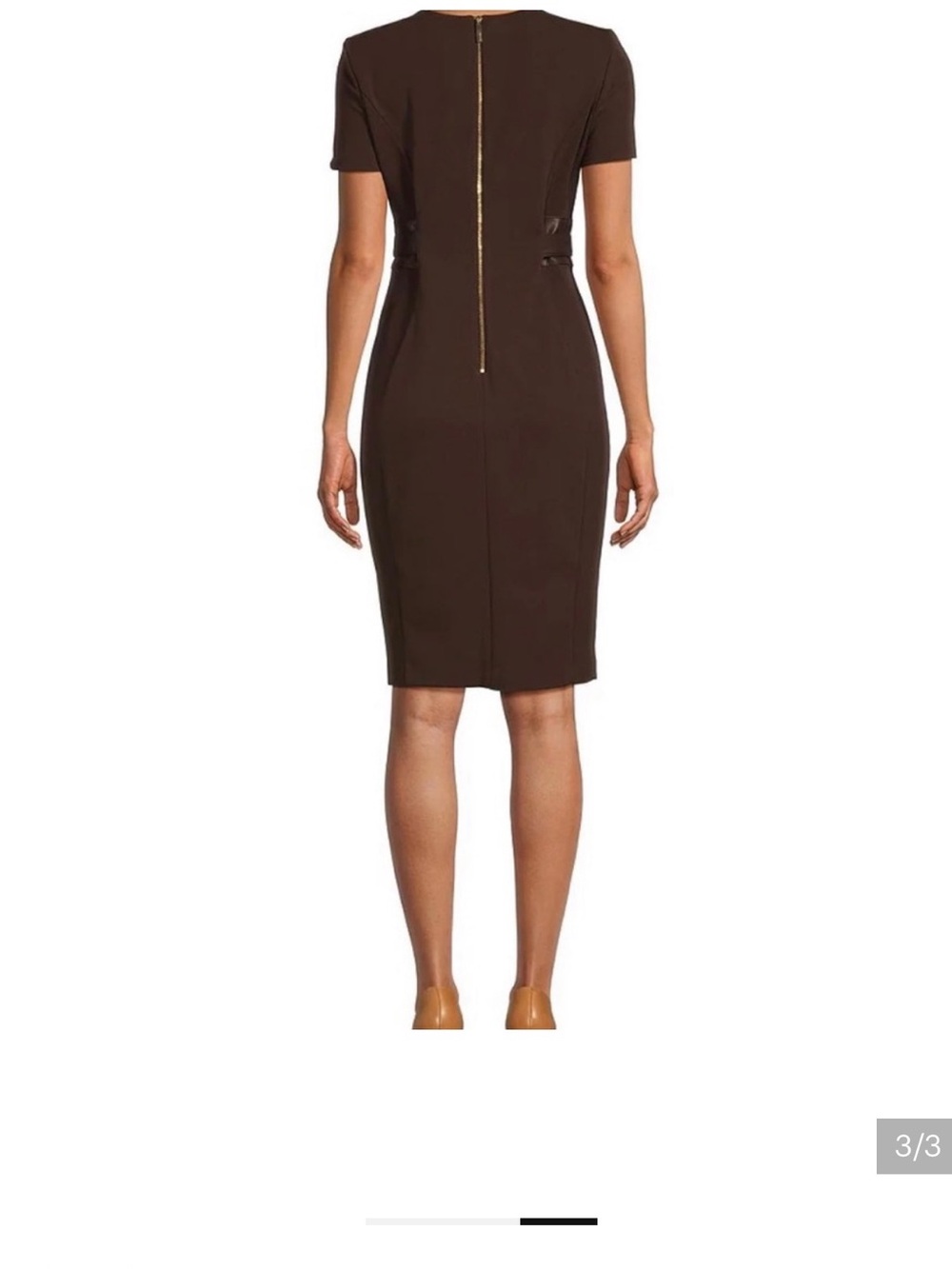 Calvin Klein Chocolate Brown Midi Sheath Dress with Faux-Leather Tie - Picture 4 of 12